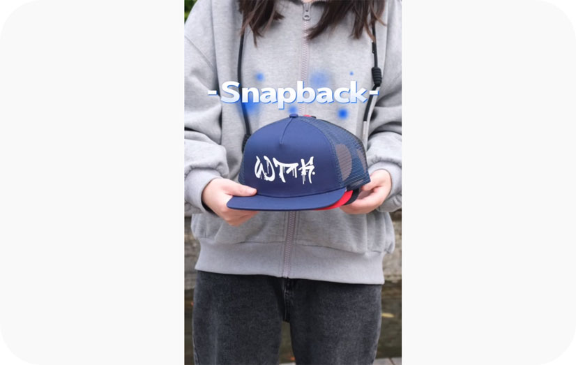 Affichage vidéo des casquettes de chapeaux Snapback en maille noire à 5 panneaux personnalisés